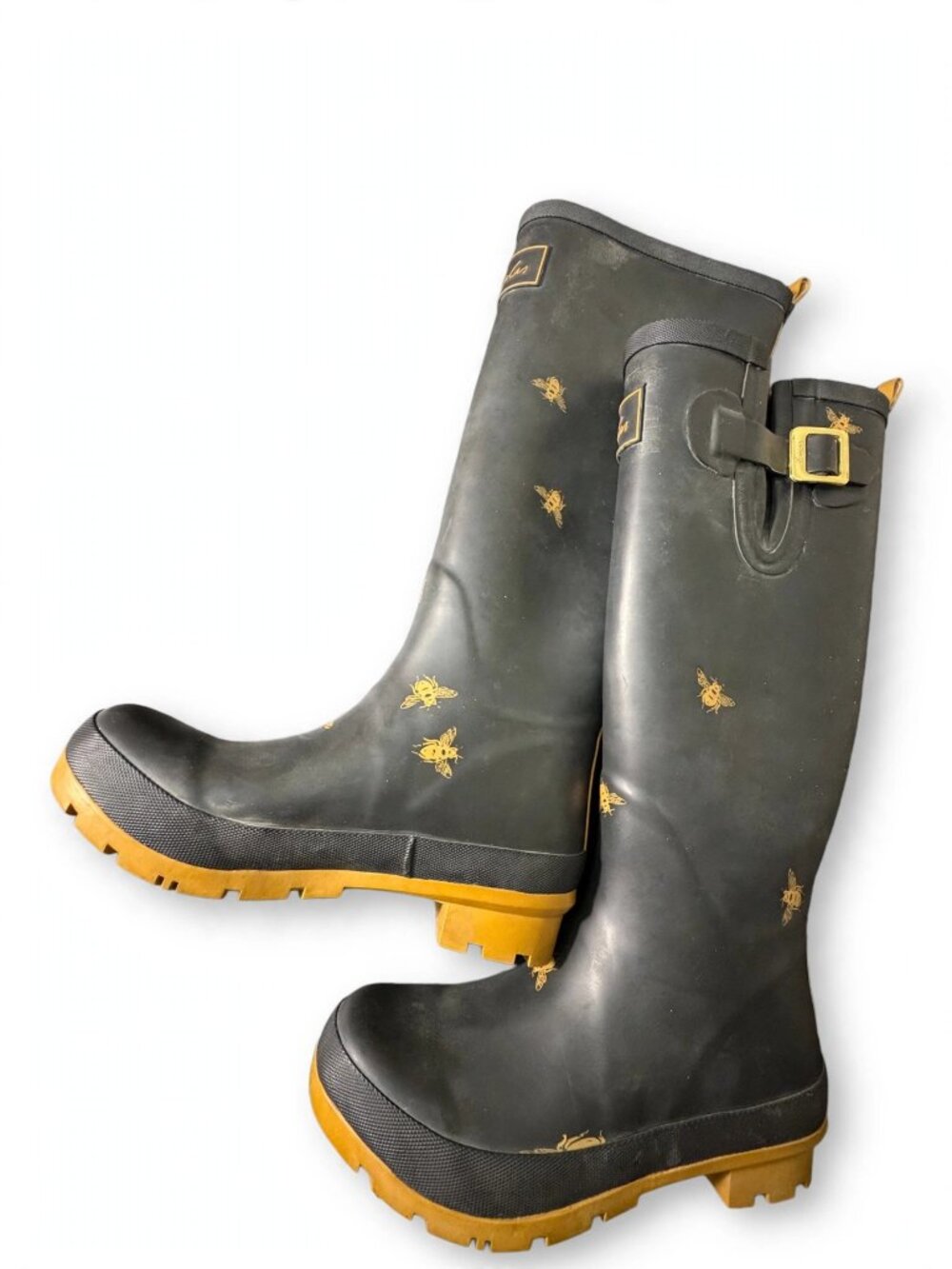 Joules Rain Boots Womens UK 3 Black Gold Bee Print Buckle Wellies Rubber Boots